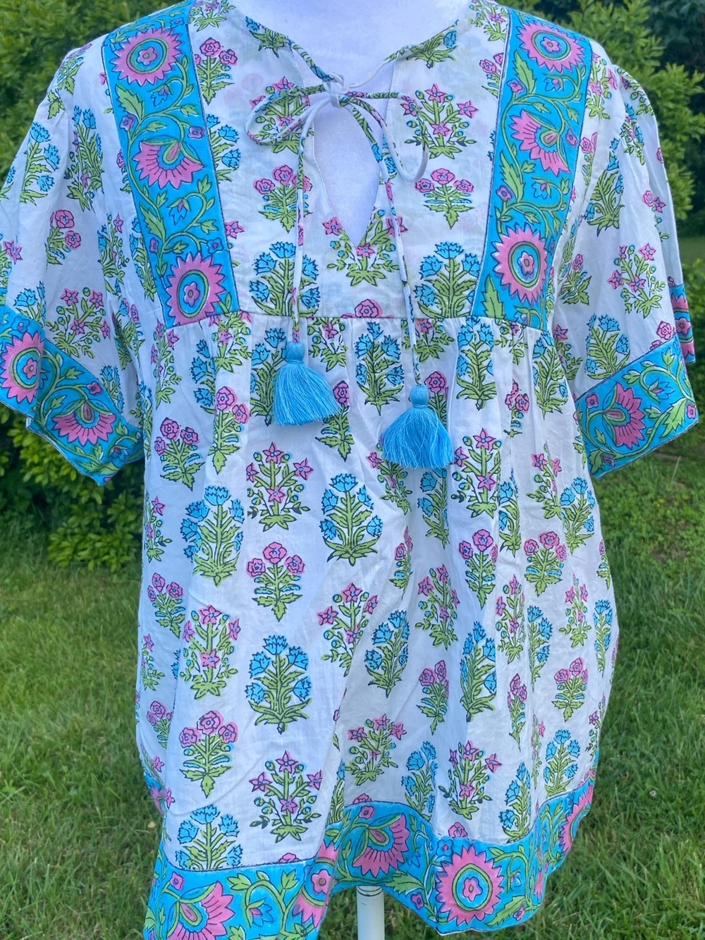 Victoria Dunn White Floral Blouse with Turquoise Tassels Large